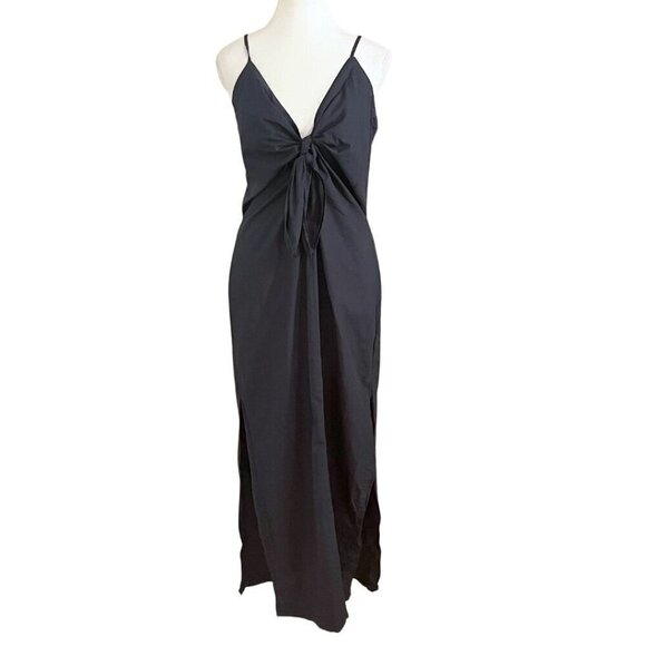 YOUNG FABULOUS AND BROKE ZOYA COTTON NAVY FRONT BOW DOUBLE SLIT MAXI DRESS - M - Picture 2 of 9
